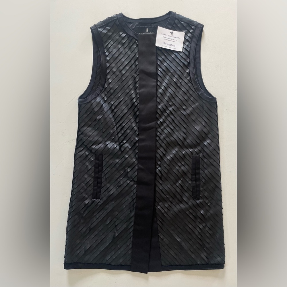 J. Mendel Black Textured Sleeveless Vest with Diagonal Paneling Leather Dress